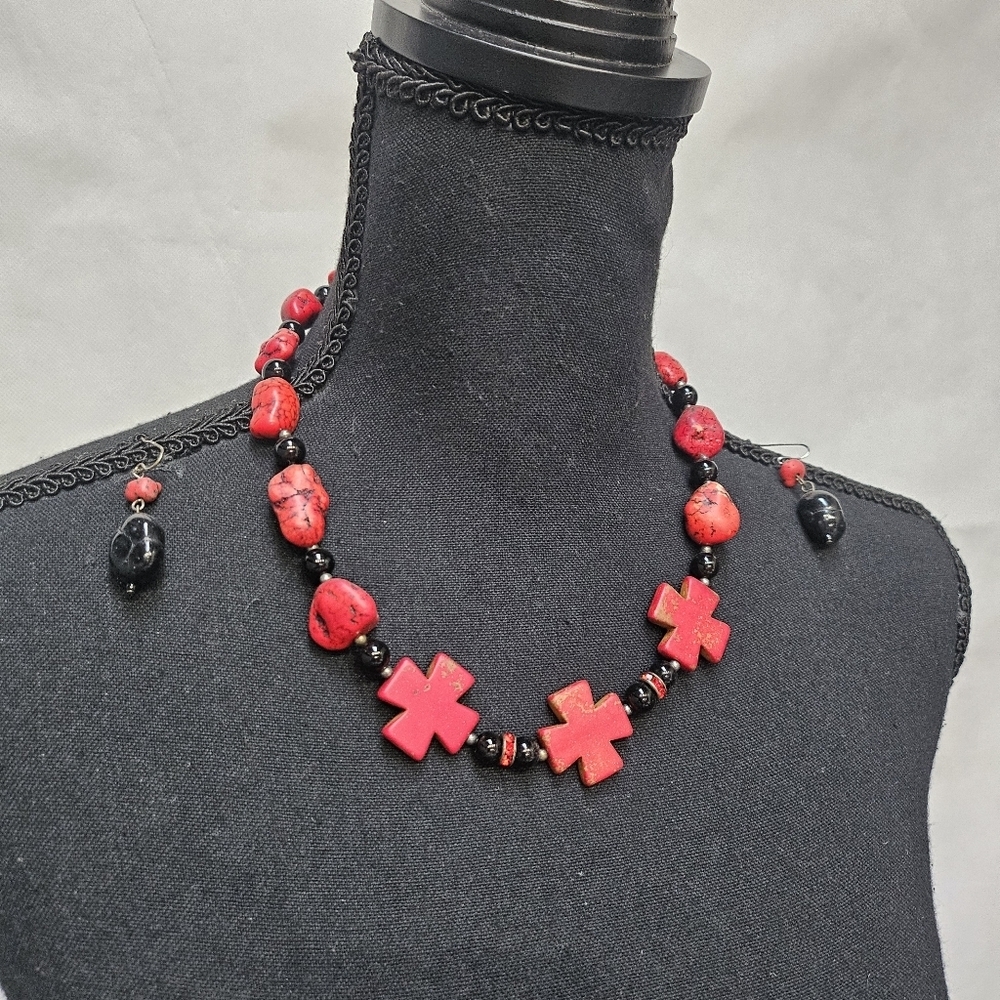 Cross And Stone Red & Black Beaded Necklace And Earring Set